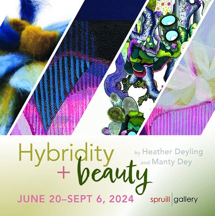 Flyer for The Spruill Gallery Hybridity + Beauty featuring works by Heather Deyling and Manty Dey on June 20-September 6, 2024