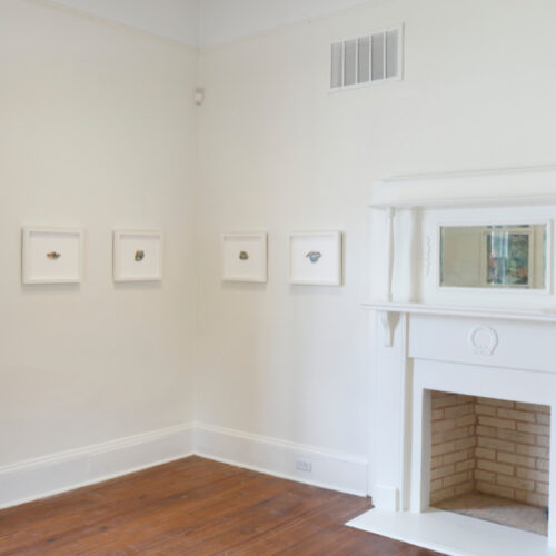 Preternatural exhibition hanging on walls next to fireplace in Spruill Gallery