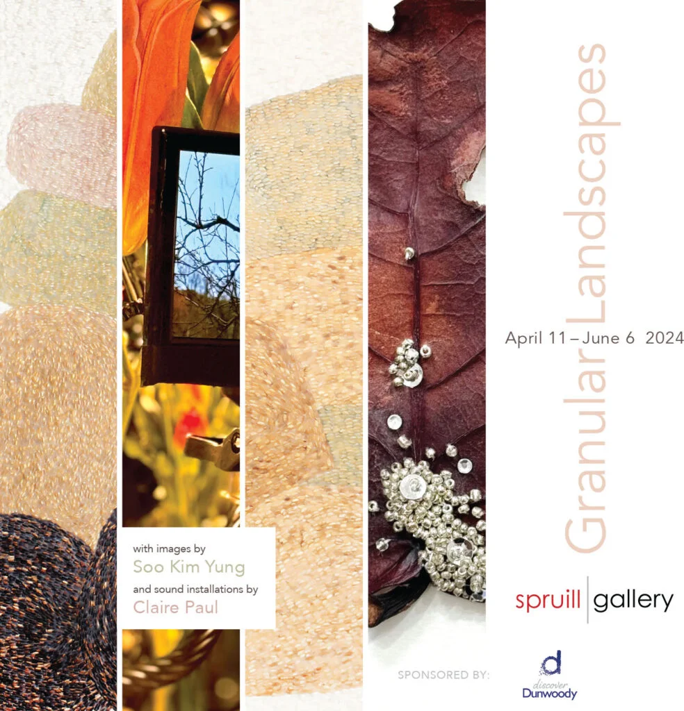Flyer for The Spruill Gallery Granular Landscapes exhibit featuring works from Soo Kim Yung and Claire Paul on April 11-June 6 2024