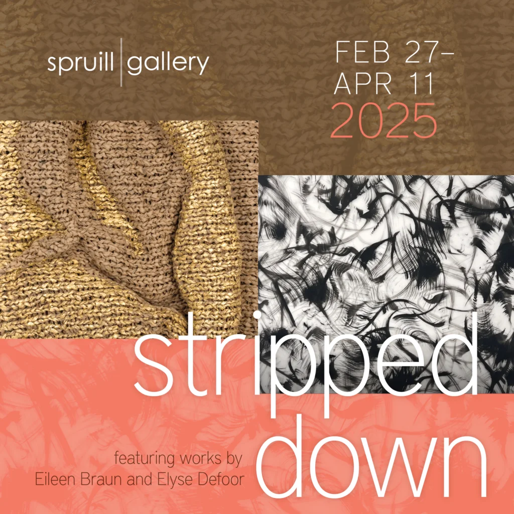 Flyer for The Spruill Gallery Stripped Down show featuring works by Eileen Braun and Elise Defoor on Feb 27- April 11, 2025.