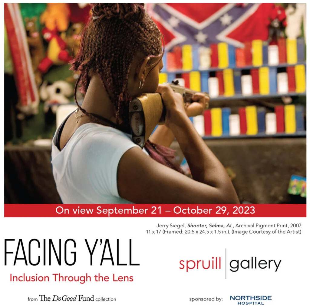 Flyer for The Spruill Gallery Facing Y'all Inclusion Through the Lens exhibit featuring works from Jerry Siegel on view from September 21 - October 29, 2023