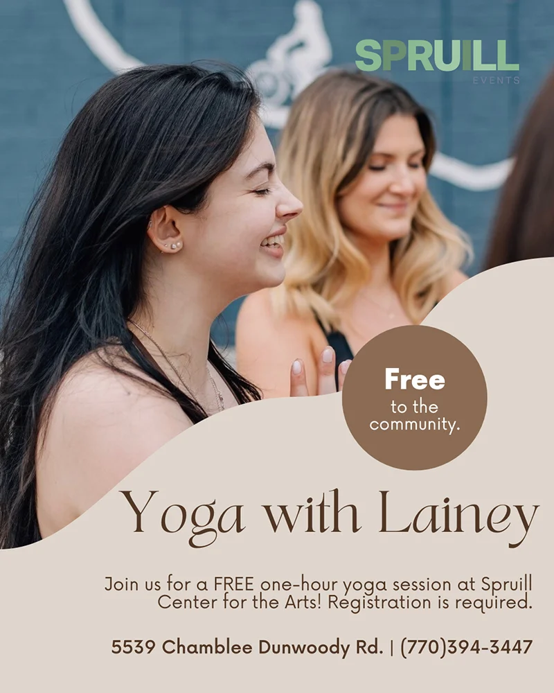 Flyer for Yoga with Yoga with Lainey which takes place at Spruill Center for the Arts for free