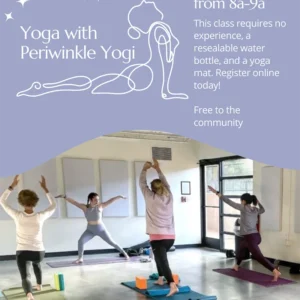 Flyer for Yoga with Periwinkle Yogi which takes place most Fridays 8-9am at Spruill Center for the Arts for free