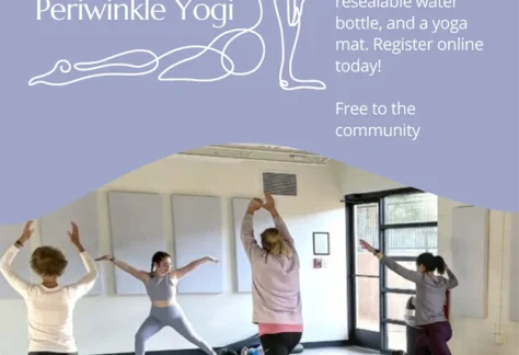 Flyer for Yoga with Periwinkle Yogi which takes place most Fridays 8-9am at Spruill Center for the Arts for free